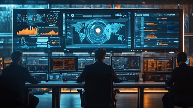 A futuristic command center with a large digital world map and analysts working on high-tech interfaces, highlighting global data monitoring.