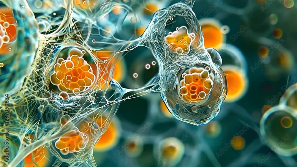 Poster close-up view of colorful cells under a microscope.