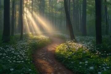 Fototapeta premium Radiating sunbeams illuminate a winding path through a misty forest, where blooming white flowers add to the enchanting atmosphere, evoking a sense of magic and tranquility