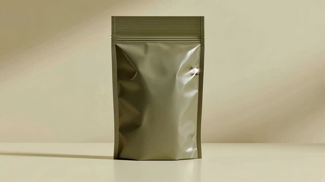 Mock up of one green foil zip bag on a mute green desk and wall background. For your design, presentation, promo, logo. Blank empty ziplock bag, space for brand name. Empty packaging, clipping path