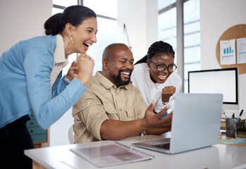 Fototapeta premium Business, people and celebration with laptop at desk for sales growth, positive client feedback and startup victory. Web designer, team and happy for website layout success and support in office