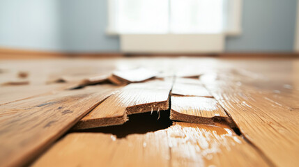 Close up of warped floorboards showing water damage in room