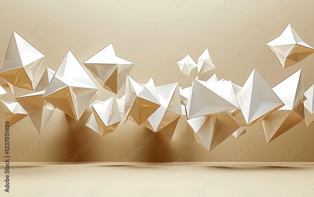 Poster abstract beige background with floating white geometric shapes.