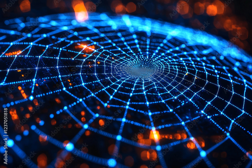 Poster glowing spider web made of blue light, surrounded by orange bokeh, creates mesmerizing digital effec