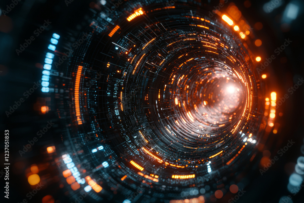 Aufkleber mesmerizing digital tunnel filled with glowing orange and blue lights, creating sense of depth and m