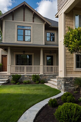 Obraz premium Luxury Modern Home Exterior: Stunning Architectural Design, Landscaping, and Stonework