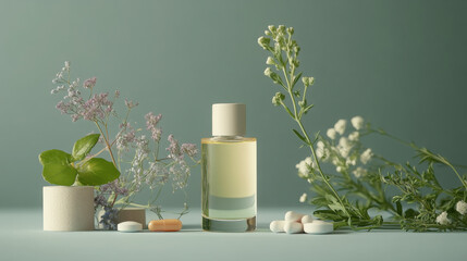 Innovative probiotic perfume bottle amidst natural elements for wellness inspiration