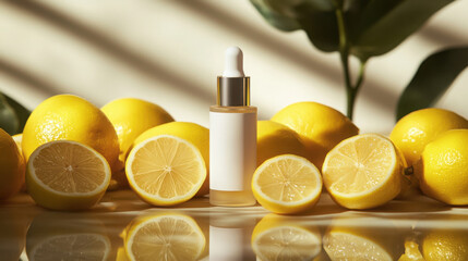 Luxurious vitamin c serum with fresh lemons for skincare and beauty concept
