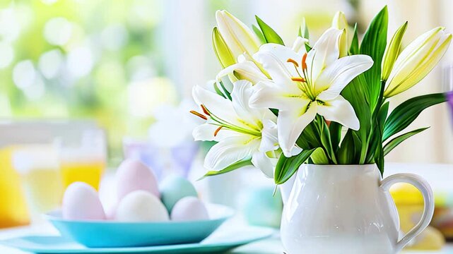 Bouquet of white lilies and Easter pastel eggs on a festive Easter table setting