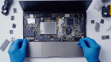 Detailed view of technician dismantling laptop for repair and maintenance