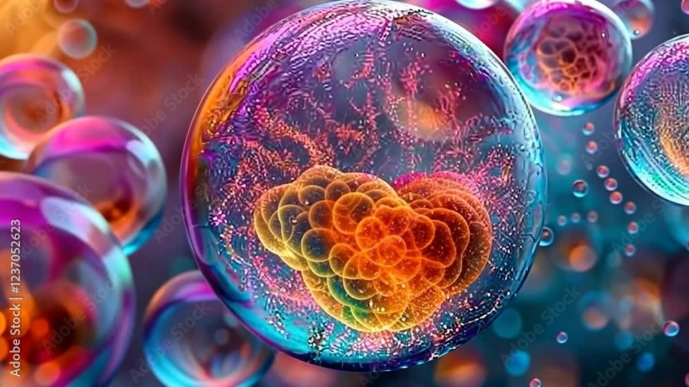 Poster colorful abstract representation of microscopic cellular structures.
