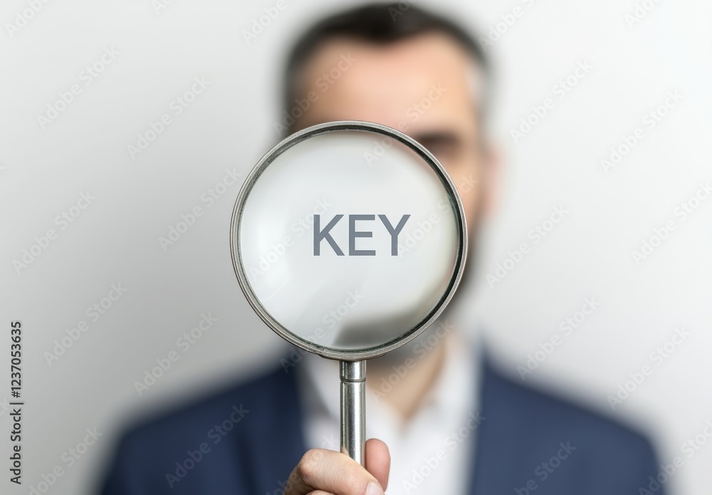 Aufkleber a strong keyword strategy boosts seo and improves analytics. a man holds a magnifying glass displayi