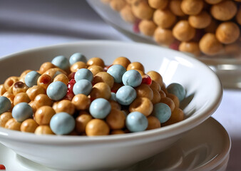 Festive Struffoli in a white bowl, featuring golden fried dough balls, vibrant blue and red candied fruits.