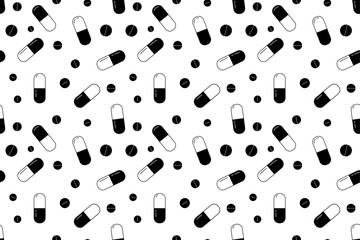 Medical pills seamless pattern. Pills background. Pills and capsules pattern in black and white.  A black and white medical illustration.