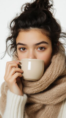 Cozy winter vibes: warm scarf fashion and hot beverage comfort