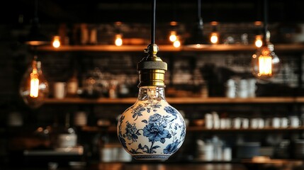 Elegant Decor: Porcelain Light Fixture in a Rustic Cafe