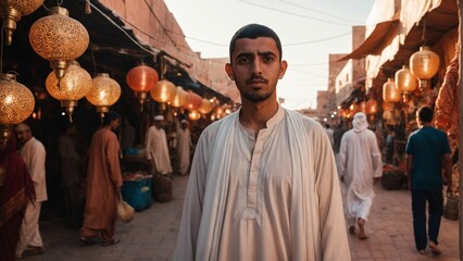 Fototapeta premium Young Arab Man in Modern Thawb at Sunset Souk: Golden Hour Cultural Scene with Brass Lanterns, Silk Textiles, and Spice Stalls for Travel or Lifestyle Branding
