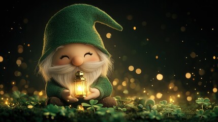 Obraz premium Happy Saint Patricks Day banner with cute Irish gnome leprechaun character on green background with copy space and gold bokeh lights.