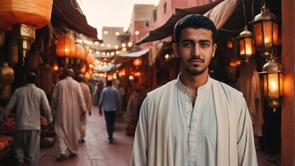 Fototapeta premium Young Arab Man in Modern Thawb at Sunset Souk: Golden Hour Cultural Scene with Brass Lanterns, Silk Textiles, and Spice Stalls for Travel or Lifestyle Branding