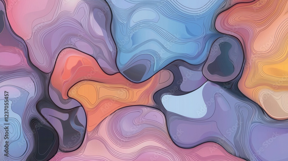 Poster abstract digital art piece with a colorful and fluid composition. it has a variety of shapes and col