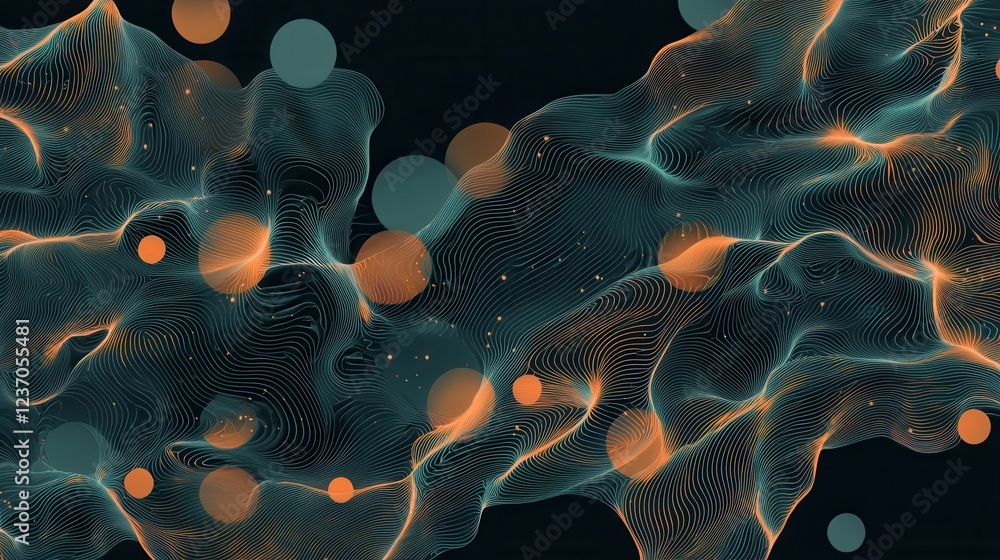Poster abstract digital art piece with a dark background. it features a series of wavy lines and dots in di