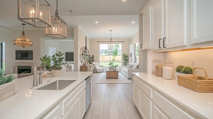 Stylish kitchen with white cabinets, countertops, and a sleek lamp. The wall mirror reflects the cozy living room.