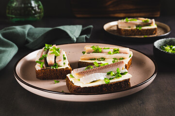 Scandinavian open sandwiches on rye bread with butter and salted herring on a plate