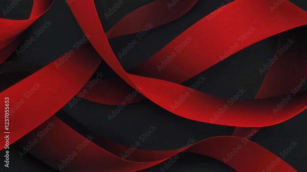Poster abstract digital art piece with a dark background. it features a group of red ribbons that are overl