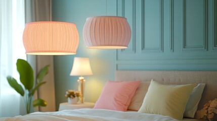 Two pastel-colored lampshades hang in a modern, chic bedroom, creating a whimsical ambiance.