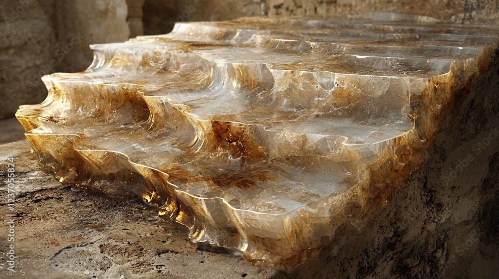 Poster textured amber ice block melting on stone.