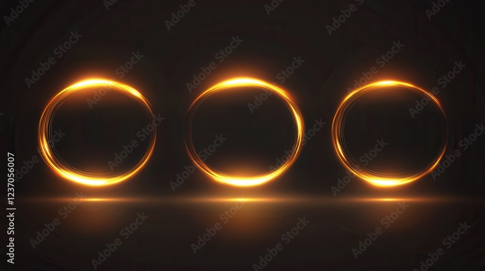 Poster three circular rings of light in a dark background. the rings are arranged in a triangular formation