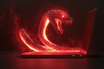 glowing red serpent emerges from laptop, symbolizing cyber threats and phishing attacks. image evokes sense of danger and caution in digital world