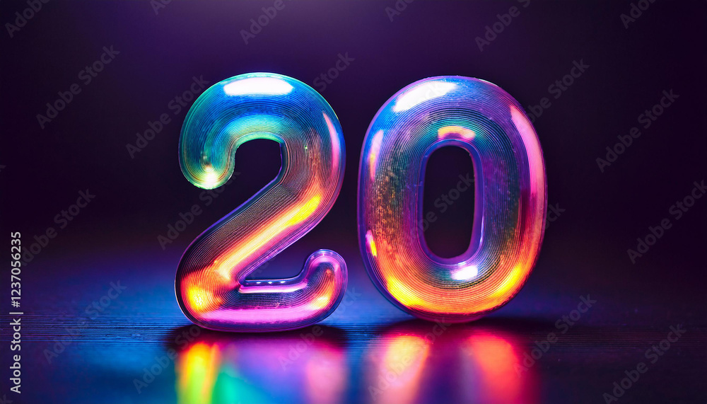 Poster glossy shiny number 20 twenty with iridescent hues. modern design. dark backdrop.