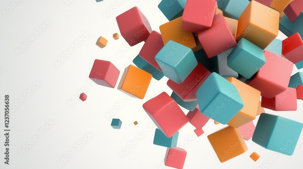 Poster abstract 3d rendering of a group of colorful cubes. the cubes are of different sizes and colors, inc