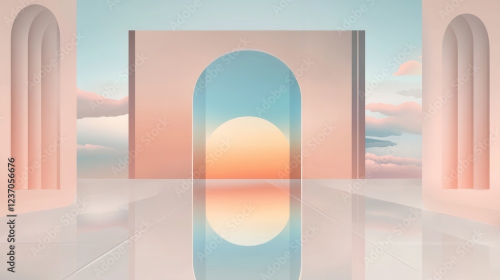 Aufkleber illustration of an empty room with a large archway in the center. the archway is made of a light pin