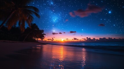 Tropical clear night sky with visible constellations, low horizon, palm trees framing the shot.