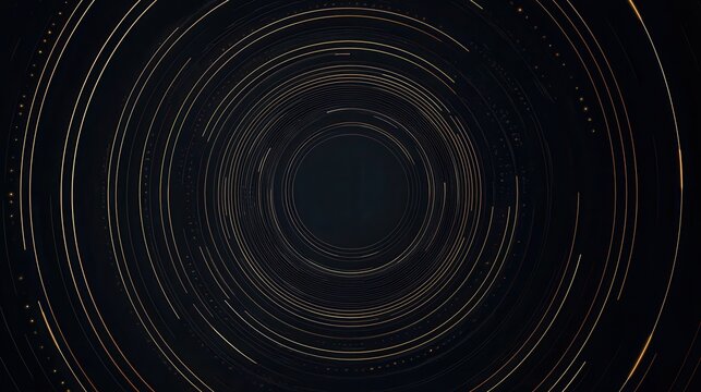 Black background with a circular shape in the center. the shape is made up of multiple thin, golden lines that are arranged in a radial pattern, creating a sense of depth and dimension.