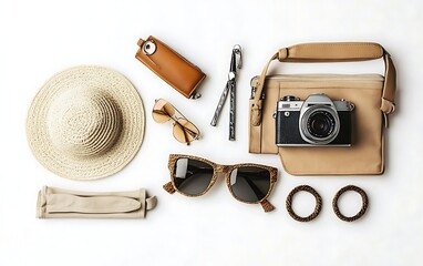 travel accessories flat lay arrangement