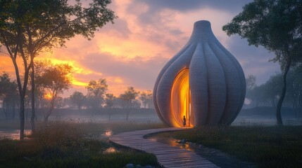 A Solitary Figure Stands Before Glowing Organic Architecture