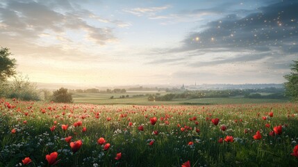 Serene Sunrise Over Poppy Field And Distant Town