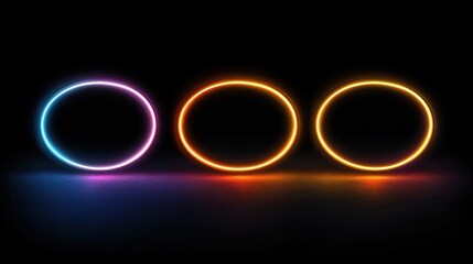Three circular lights arranged in a row on a black background. the lights are in different colors - blue, pink, and orange.