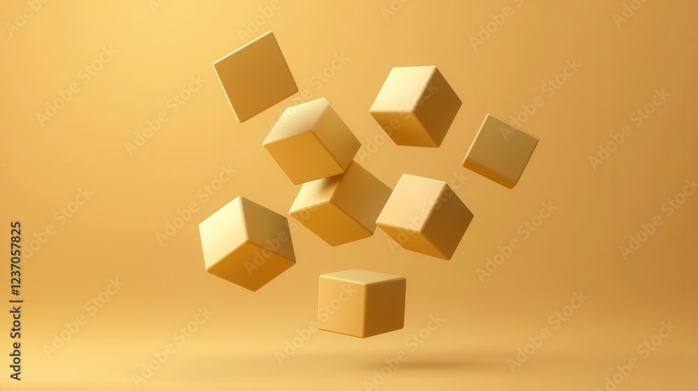 Poster group of six cubes flying in the air against a plain yellow background. the cubes are of different s
