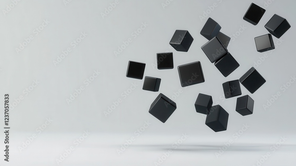 Poster group of black cubes flying in the air against a plain white background. the cubes are of different 