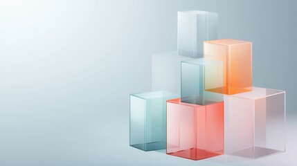 Group of six rectangular glass cubes arranged in a pyramid-like formation. the cubes are of different sizes and colors - one is light blue, one is orange, and one is white.