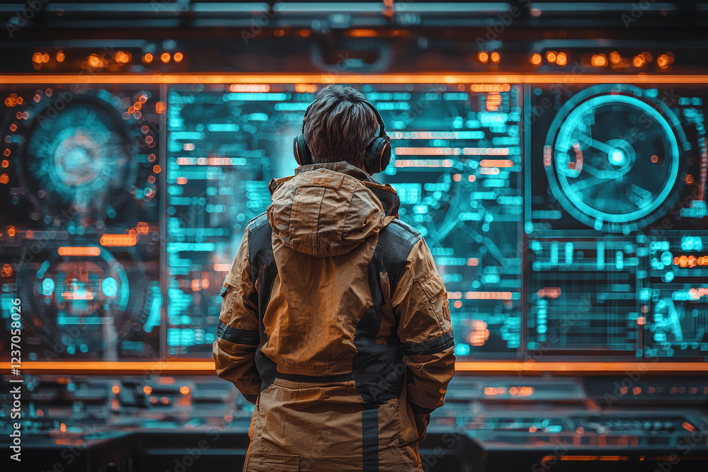 Poster security expert monitoring cyber threats in high tech environment. scene features vibrant blue and o