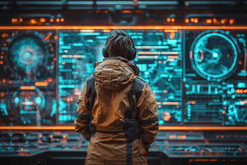 security expert monitoring cyber threats in high tech environment. scene features vibrant blue and orange digital displays, showcasing data analysis and threat detection