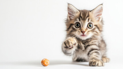 Playful kitten batting at toy in studio shot
