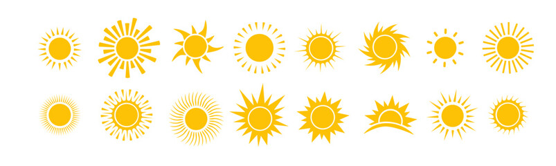 Sun icon vector set. Flat design. Collection of sun stars. Logo or weather icon