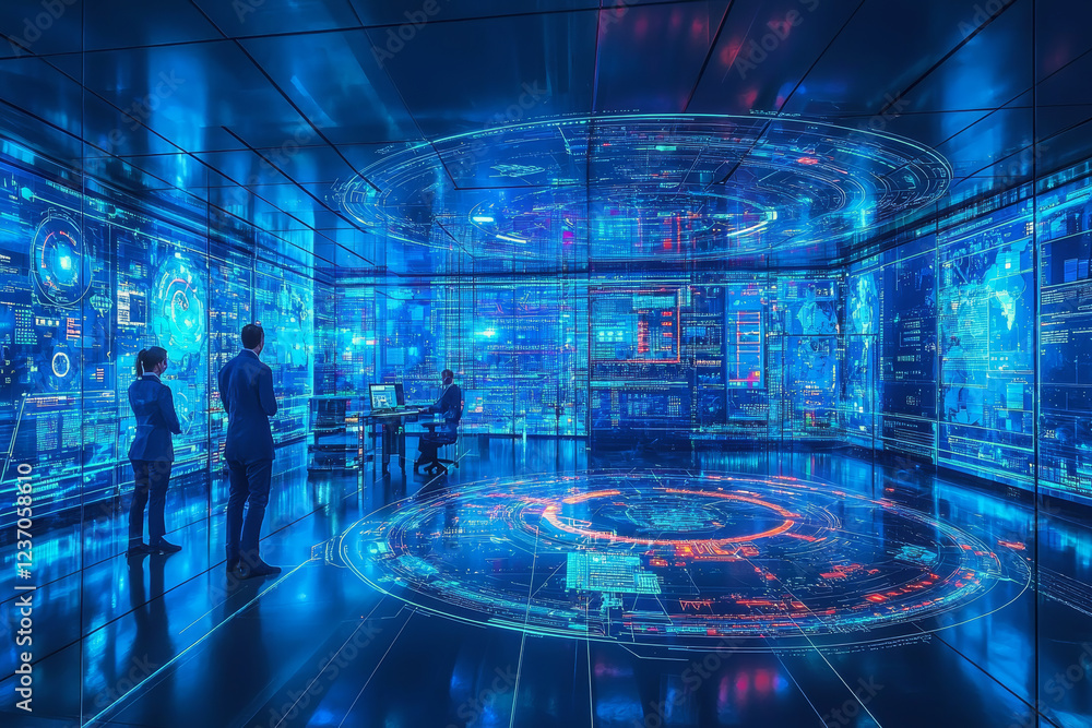 Aufkleber security expert monitoring cyber threats in high tech control room, surrounded by digital screens di