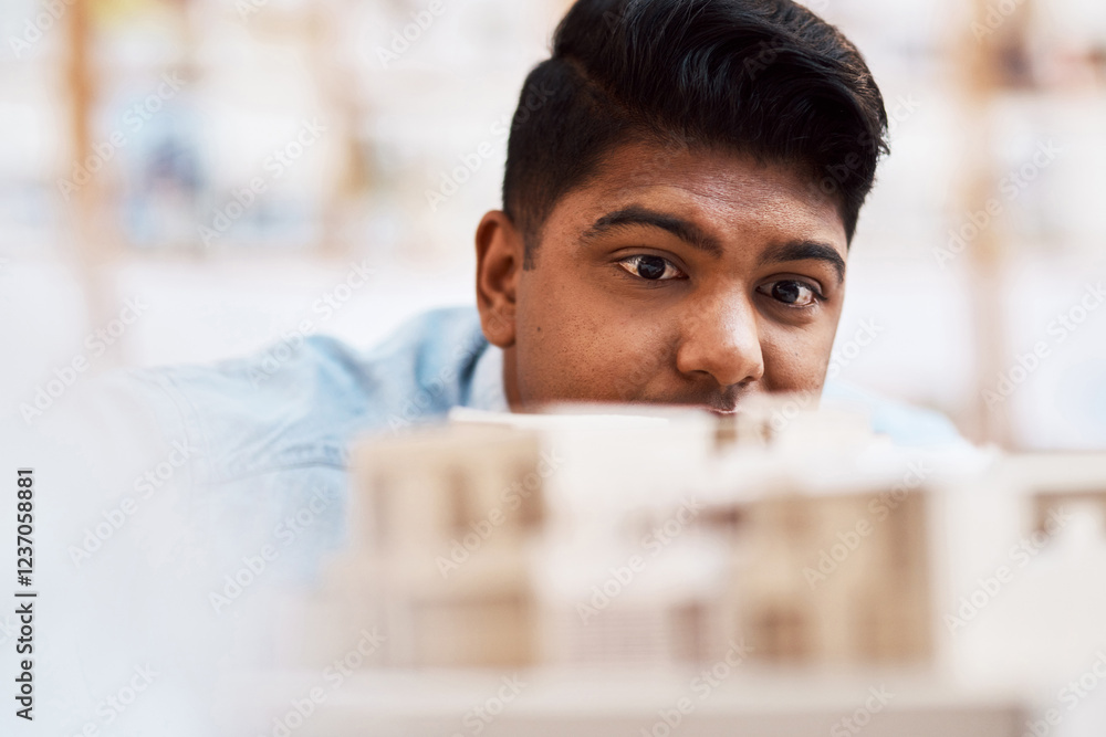 Poster man, architect and building model in office for design, project management and planning construction